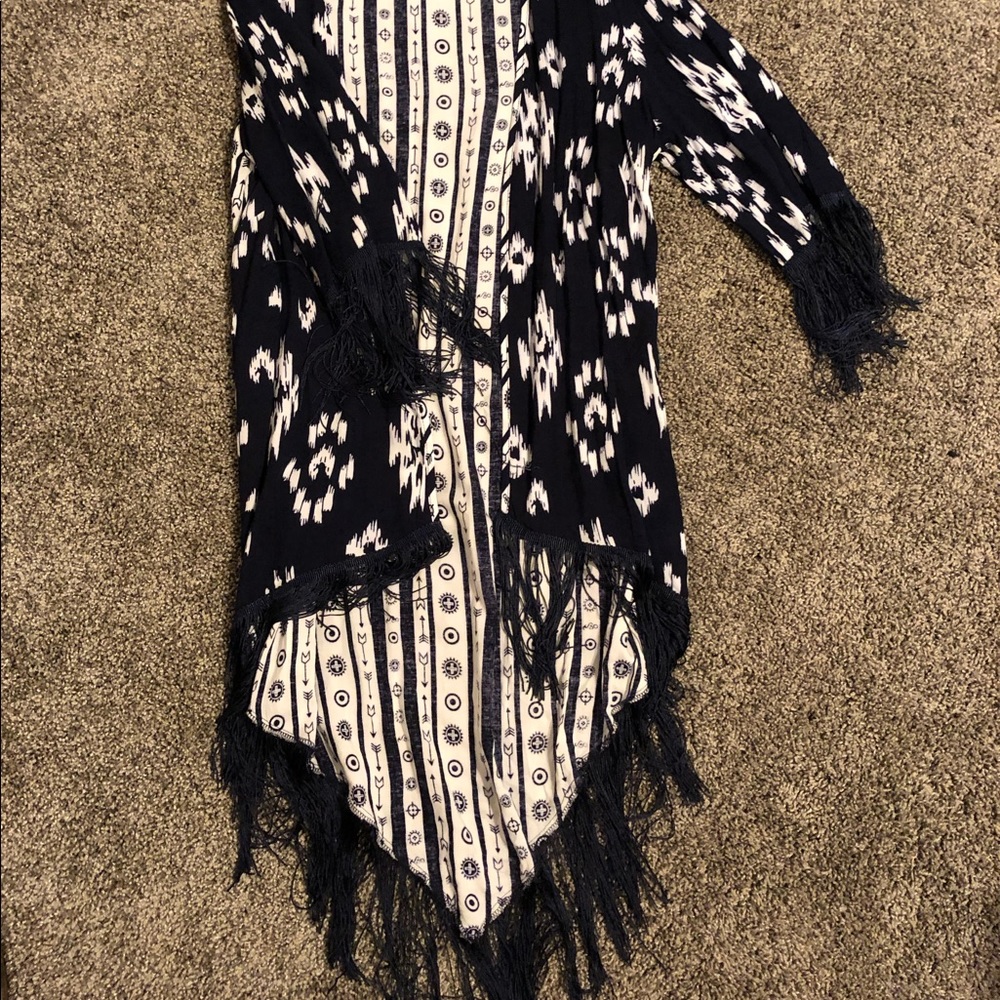 long blue/white cardigan w tassels